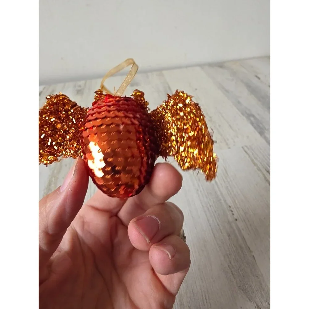 Vintage Pier 1 orange bat glitter‎ sequin ornament Halloween decor